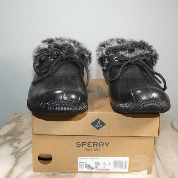 Sperry Faux Fur Saltwater 1-Eye Rain Boot, Black/Black, Duckboot Shoe 8 - Picture 7 of 10